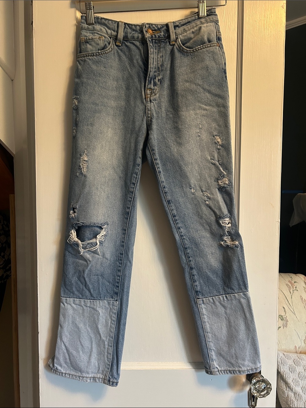 Zara Light Blue Distressed Straight Leg Jeans